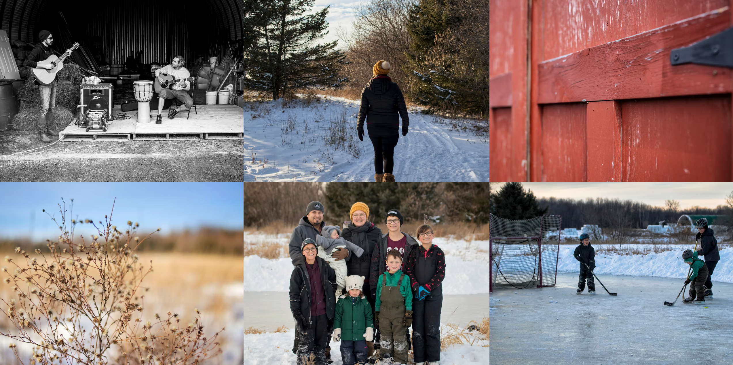Collage of various scenes including a band playing, a person walking in a snowy field, a red barn, a tree with no leaves, a family in a snowy landscape, and people ice skating.