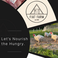 Fiat Farm promotional graphic with chickens, a logo, and text 'Let's Nourish the Hungry'.