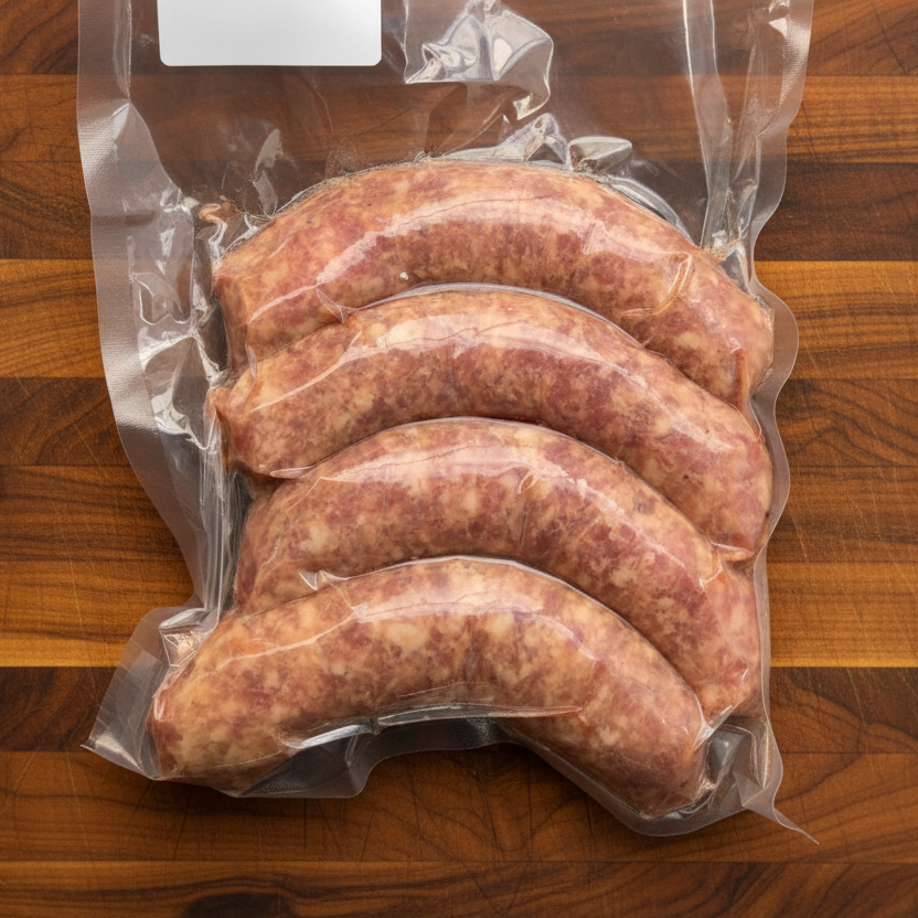 Pack of sausages in clear plastic packaging on a black textured surface