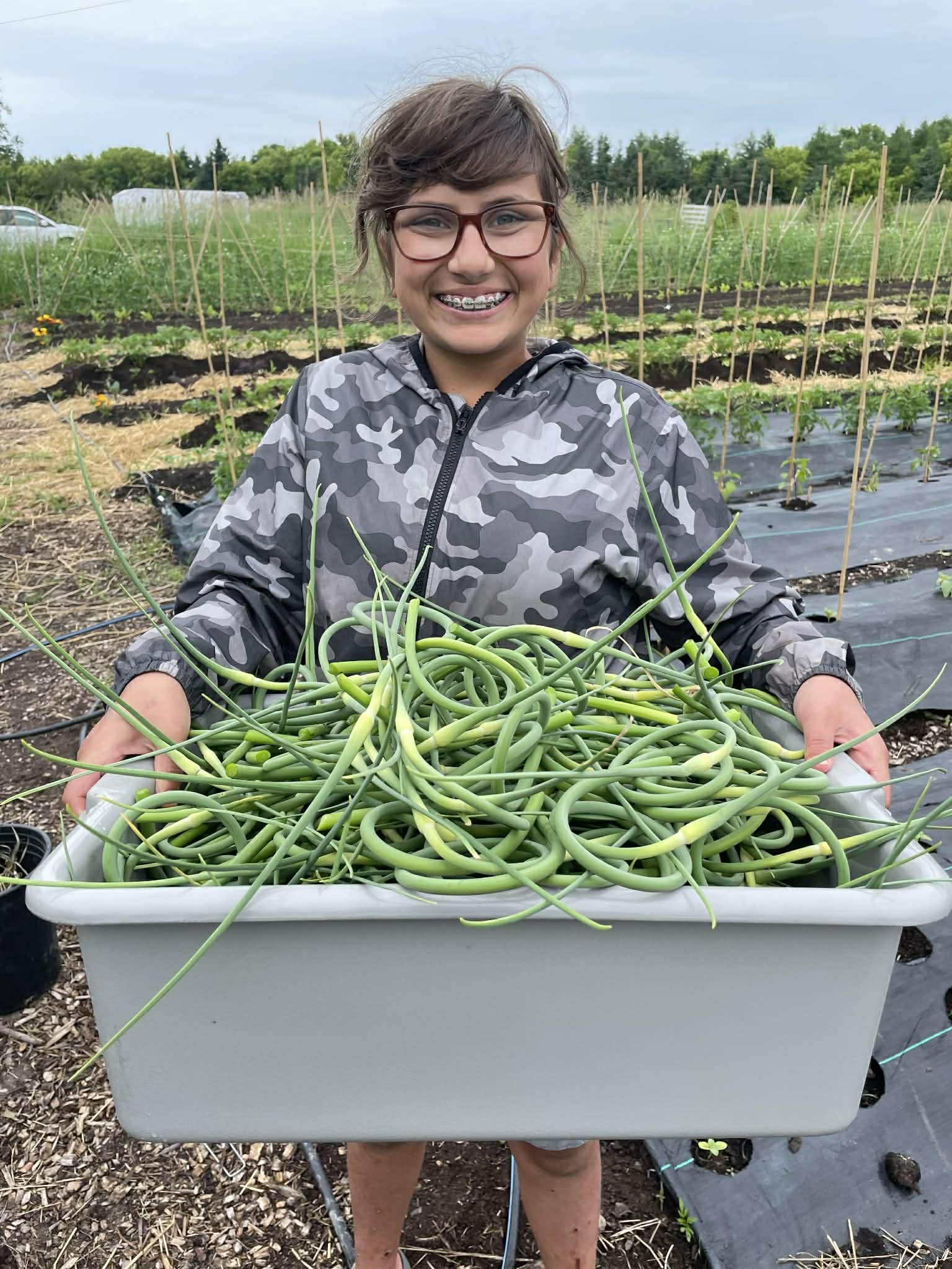 Person holding a large container of green onions in an outdoor setting