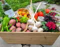 Wooden box filled with fresh produce including vegetables and a bottle of wine on a grassy background.