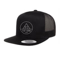 Black trucker cap with white logo and text on a white background